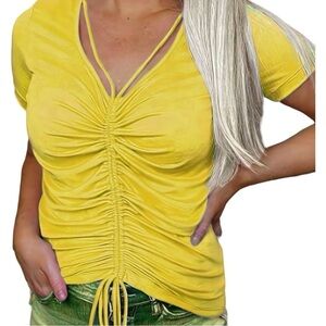 NWT White Birch Cutout Top Women’s Small Yellow Strappy Soft V-neck ruched girly